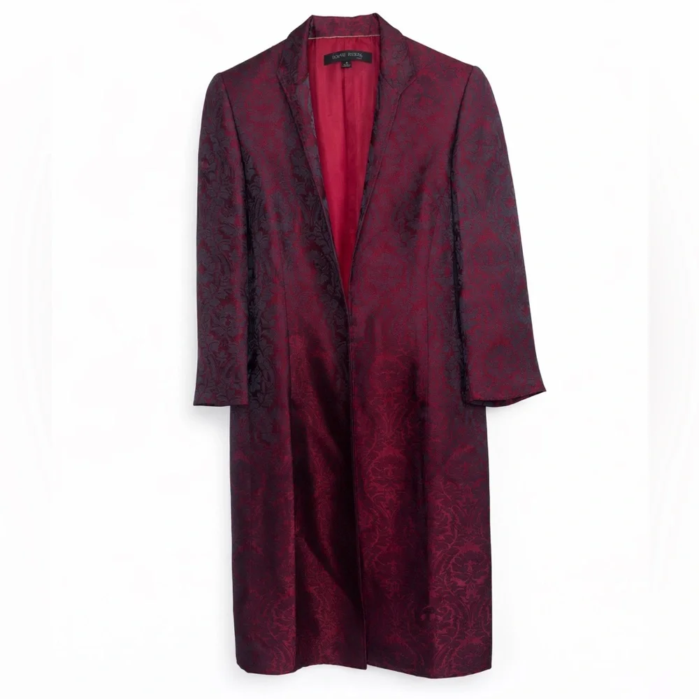 Anne Klein Burgundy & Black Jacquard Brocade Coat – Size 6